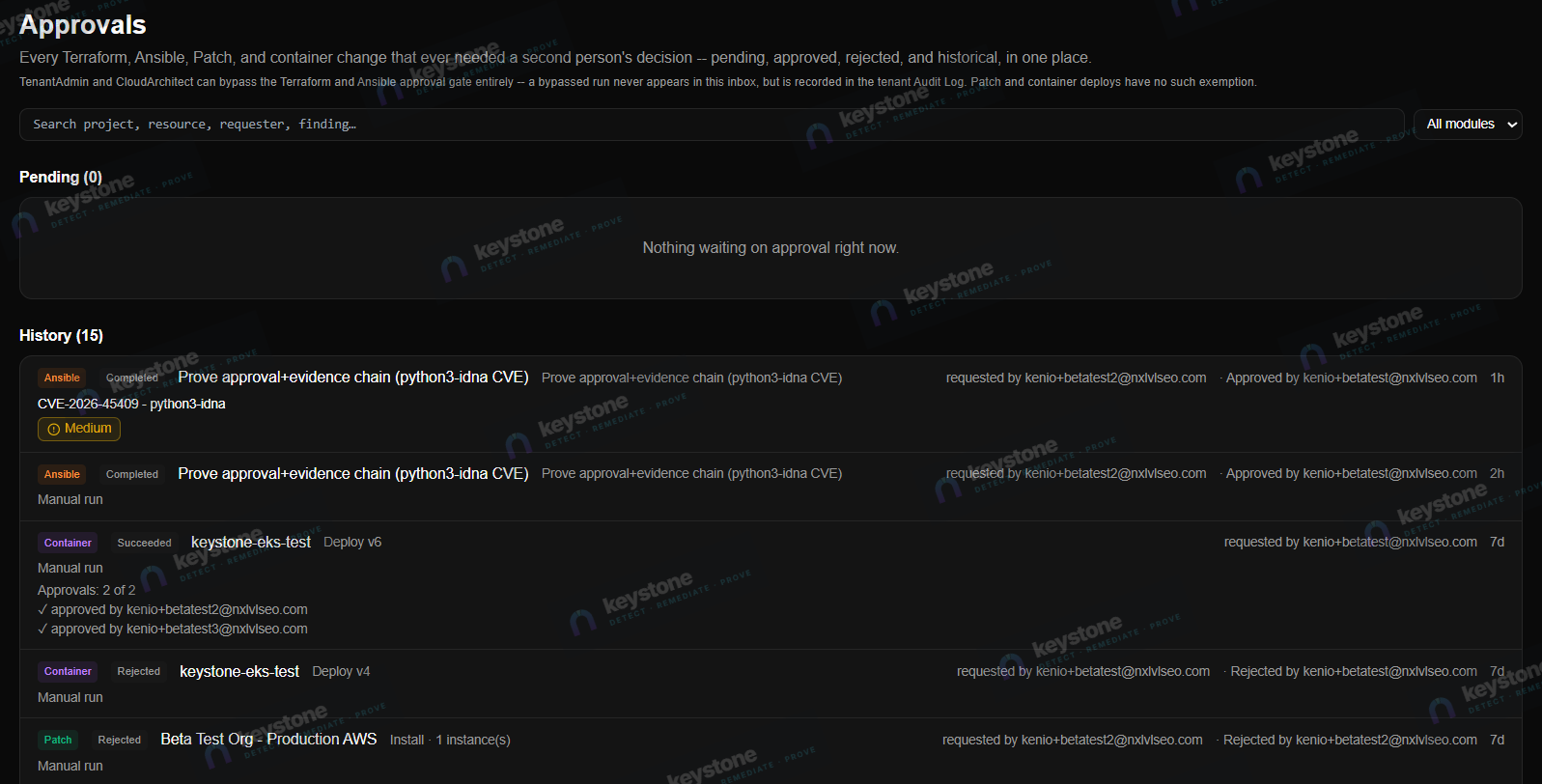 Keystone approvals inbox listing pending and historical Terraform, Ansible, patch and container changes